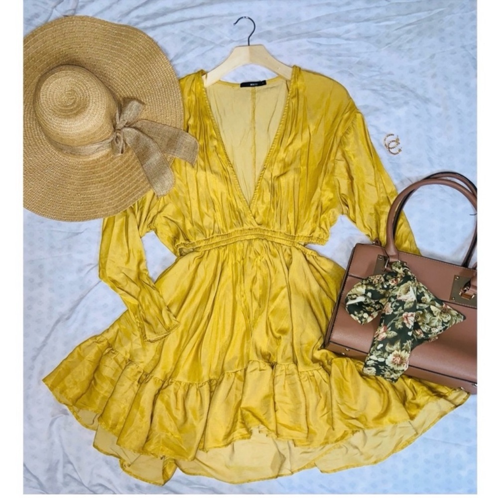 Yellow Ruffled Wrap Sundress with Plunge Neckline